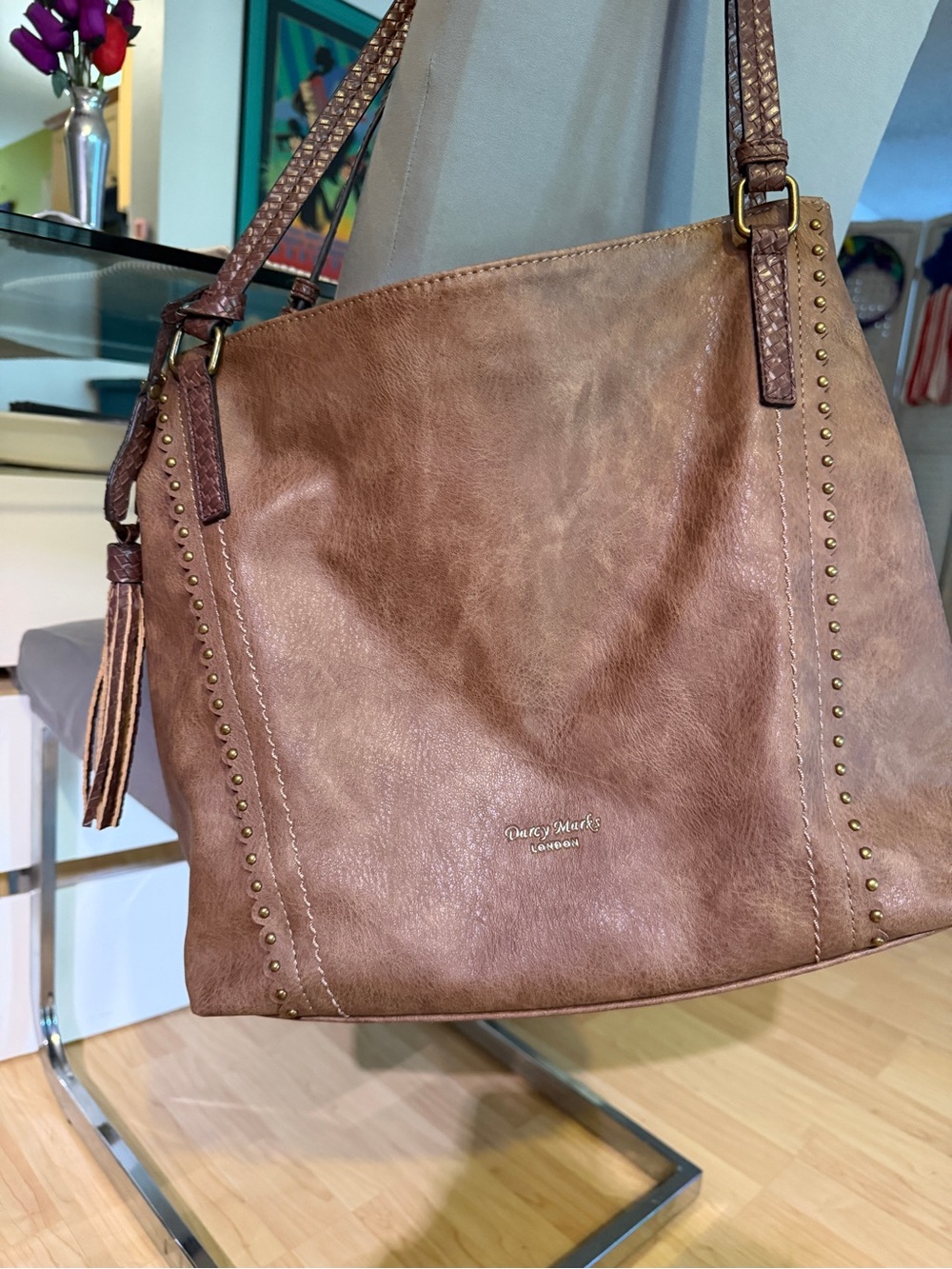 Darcy Marks London saddle brown Vegan Leather shoulder tote bag